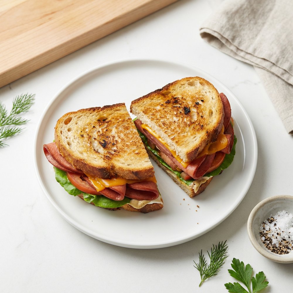 Air Fryer Bologna Sandwich with Cheddar, Tomato, and Lettuce
