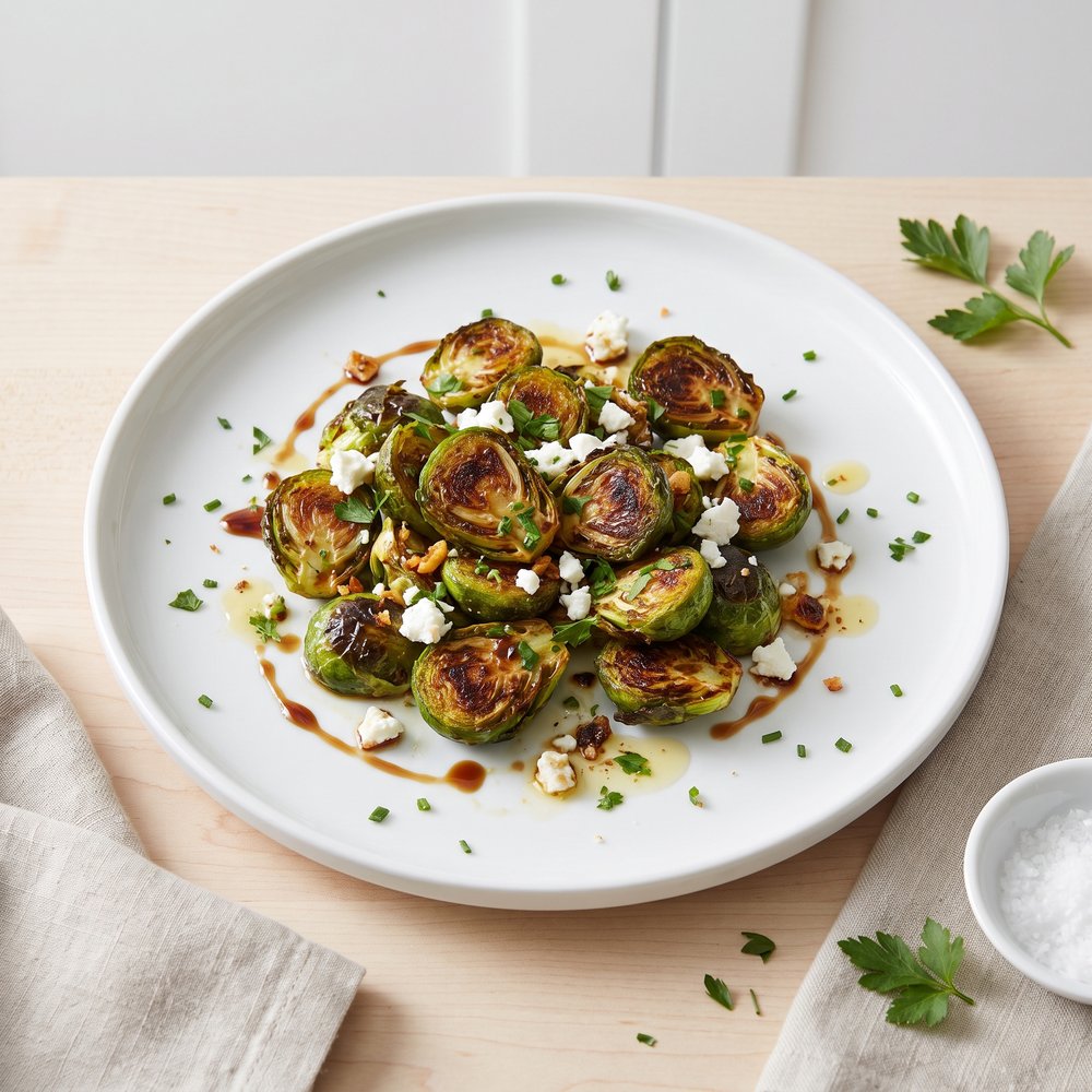 Air Fryer Brussels Sprouts with Balsamic-Honey Drizzle and Feta