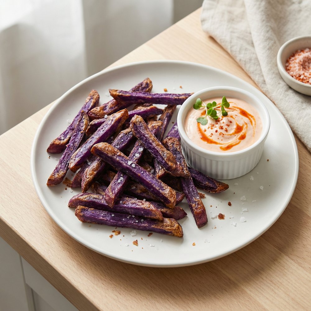 Air Fryer Ube Fries with Sour Cream–Sriracha Dip