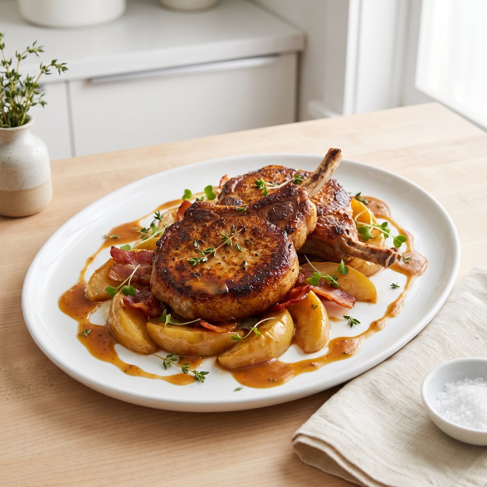 Apple-Bacon Pork Chops with Bourbon Cream