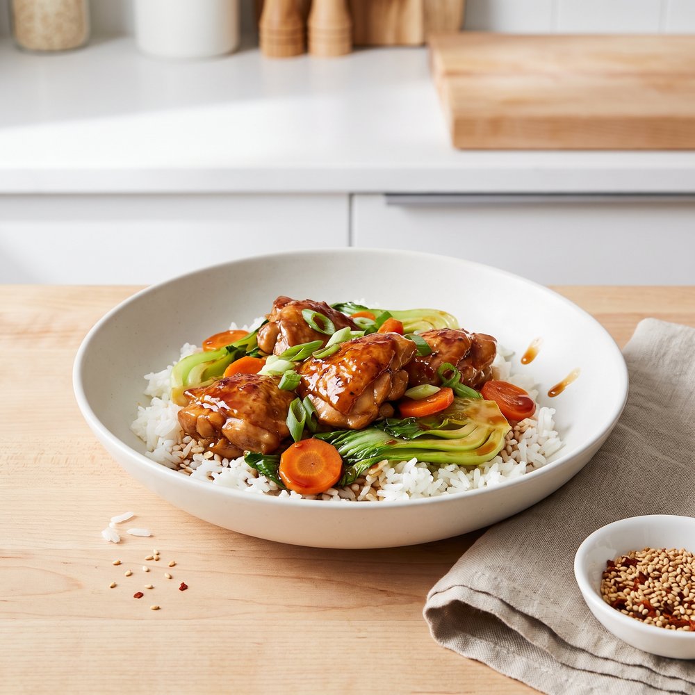 Asian Bok Choy and Chicken Salad Over Rice