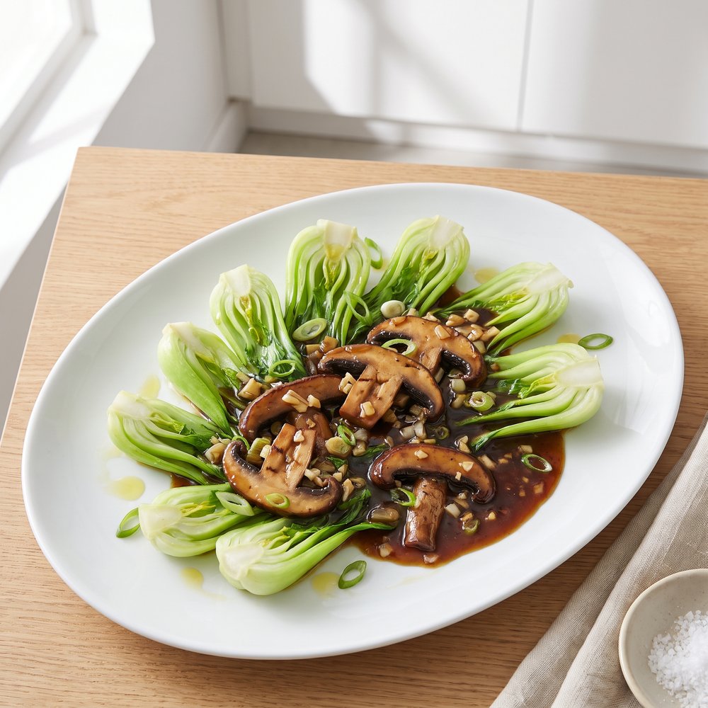Baby Bok Choy with Savory Mushroom–Oyster Sauce (Chinese Style)