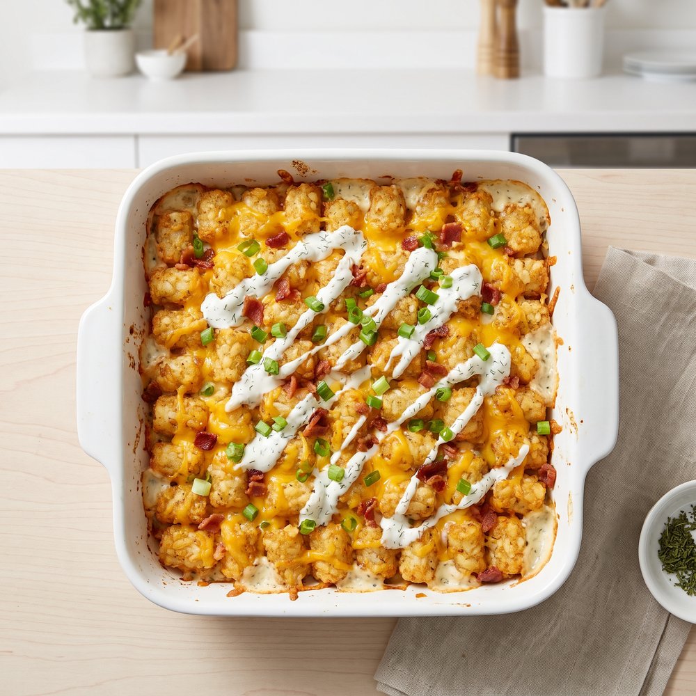 Bacon-Cheddar Tater Tot Bake with Dill Cream