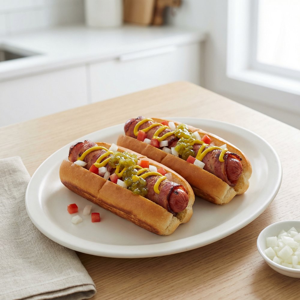 Bacon-Wrapped Double Hot Dogs with Mustard and Relish
