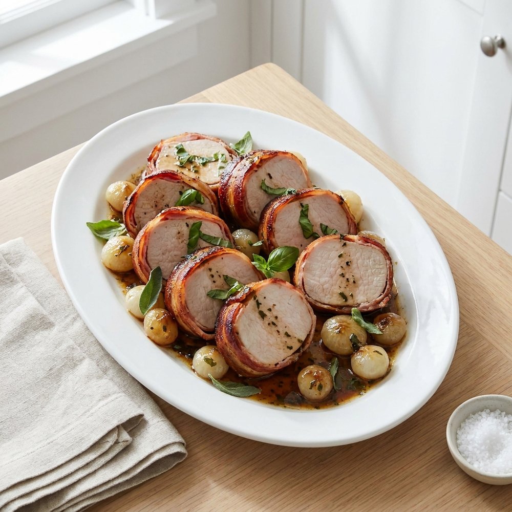 Bacon-Wrapped Pork Loin with Garlic and Herbs