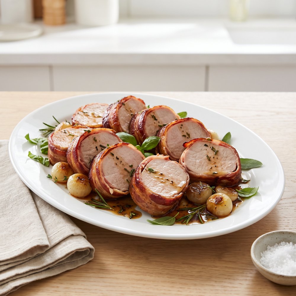 Bacon-Wrapped Pork Loin with Garlic and Herbs