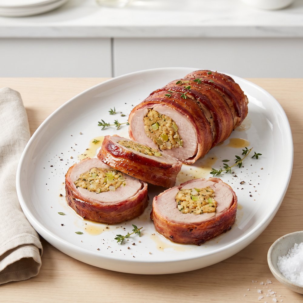 Bacon-Wrapped Pork Tenderloin with Savory Bread Stuffing