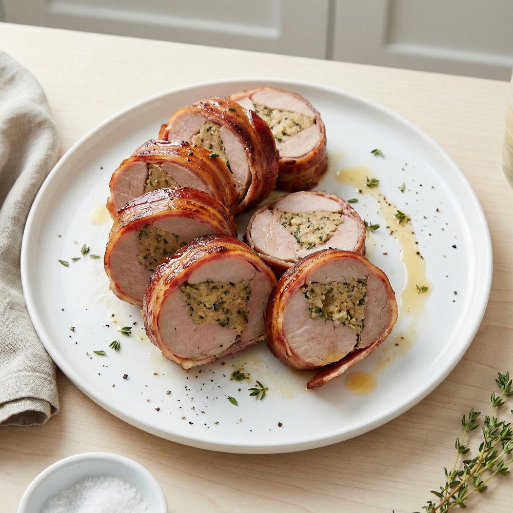 Bacon-Wrapped Pork Tenderloin with Savory Bread Stuffing
