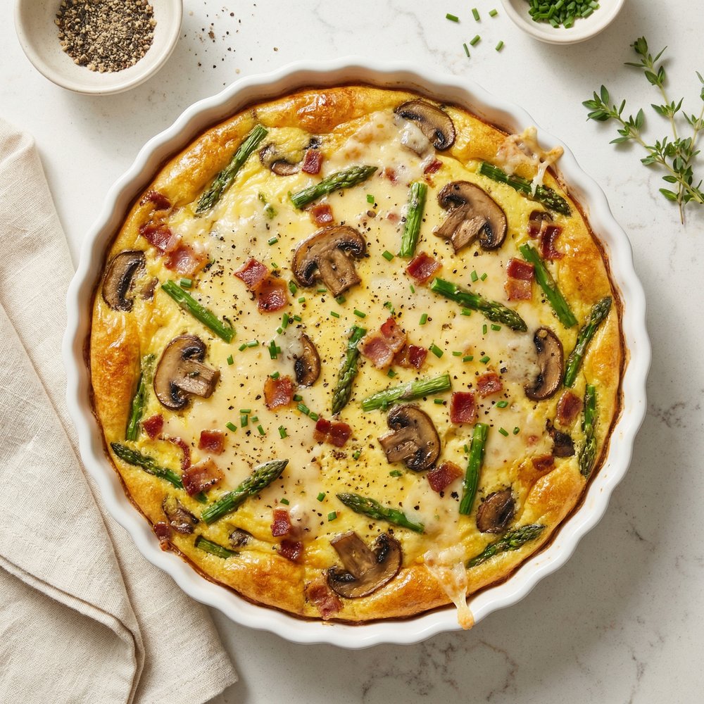 Crustless Quiche with Asparagus, Mushrooms, and Bacon