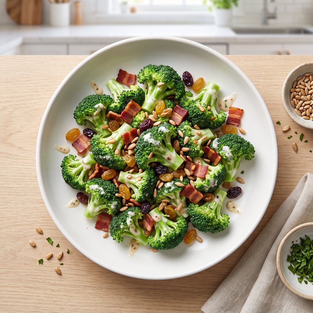 Bacon Broccoli Salad with Raisins and Sunflower Seeds