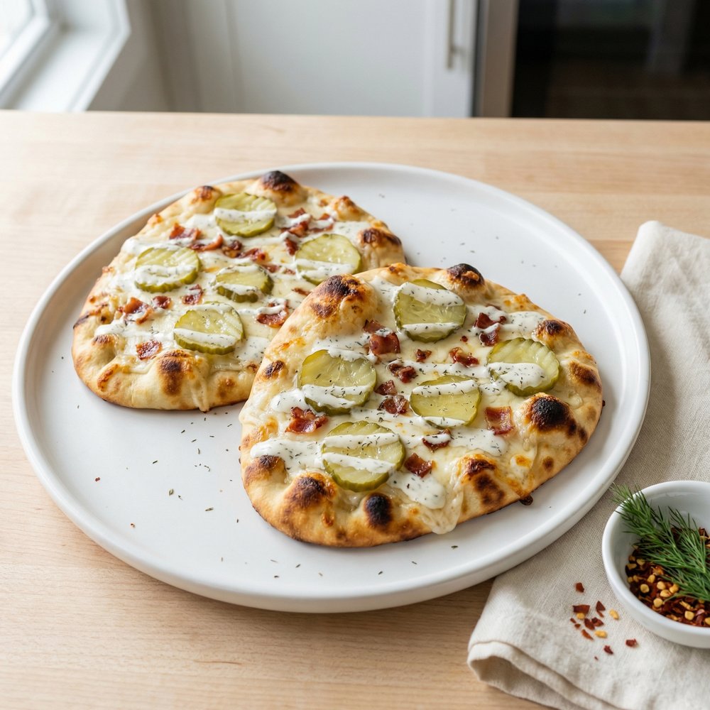 Bacon and Dill Pickle Naan Pizzas