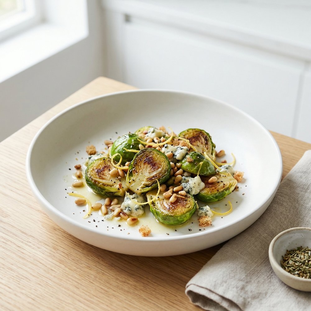Oven-Roasted Brussels Sprouts with Lemon, Pine Nuts, and Blue Cheese