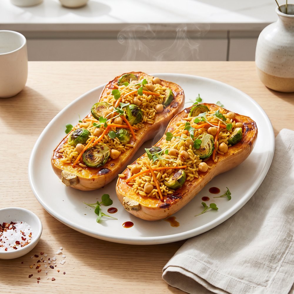 Baked Butternut Squash Boats with Rice and Veggie Filling