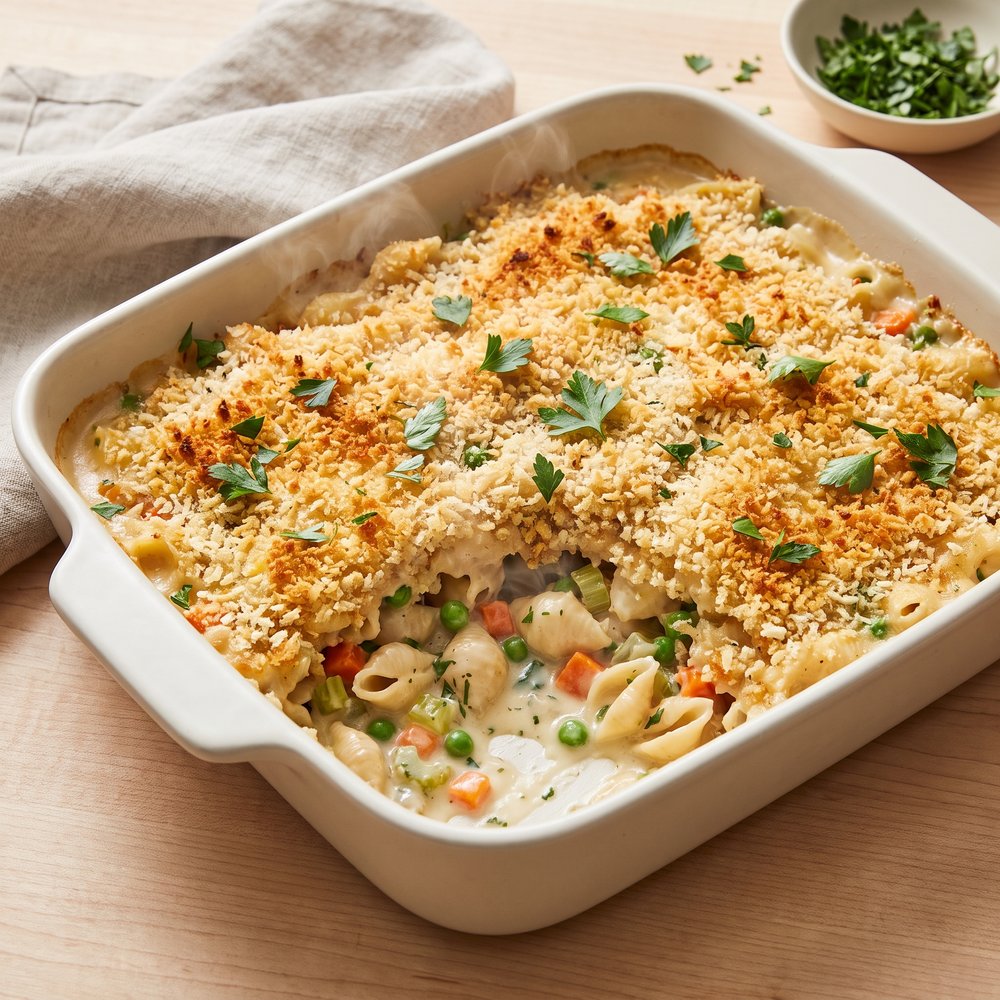 Baked Chicken Pot Pie Pasta Casserole