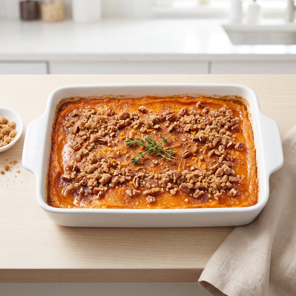Baked Sweet Potatoes with Southern Comfort and Pecan Crumble