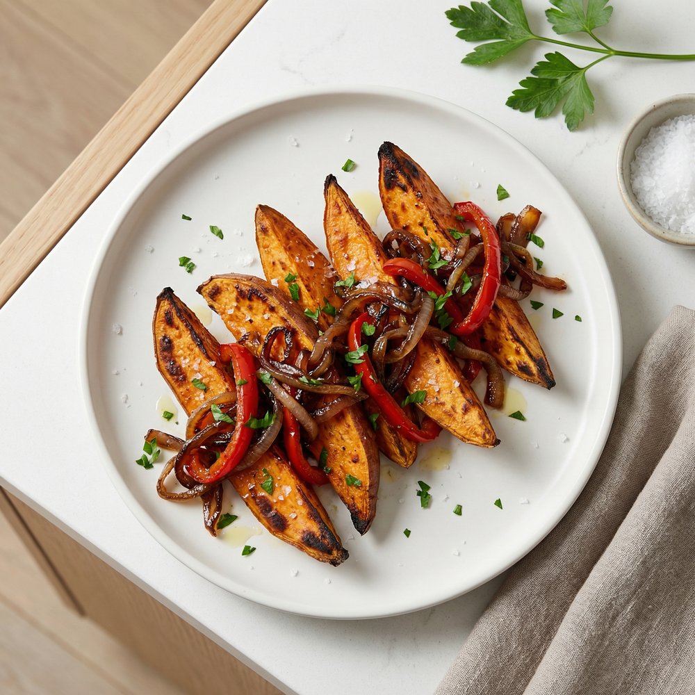 Baked Sweet Potatoes with Caramelized Onions and Peppers