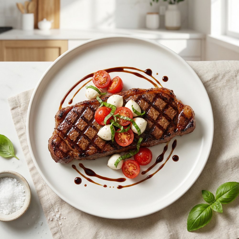 Grilled Steak with Balsamic Caprese Topping