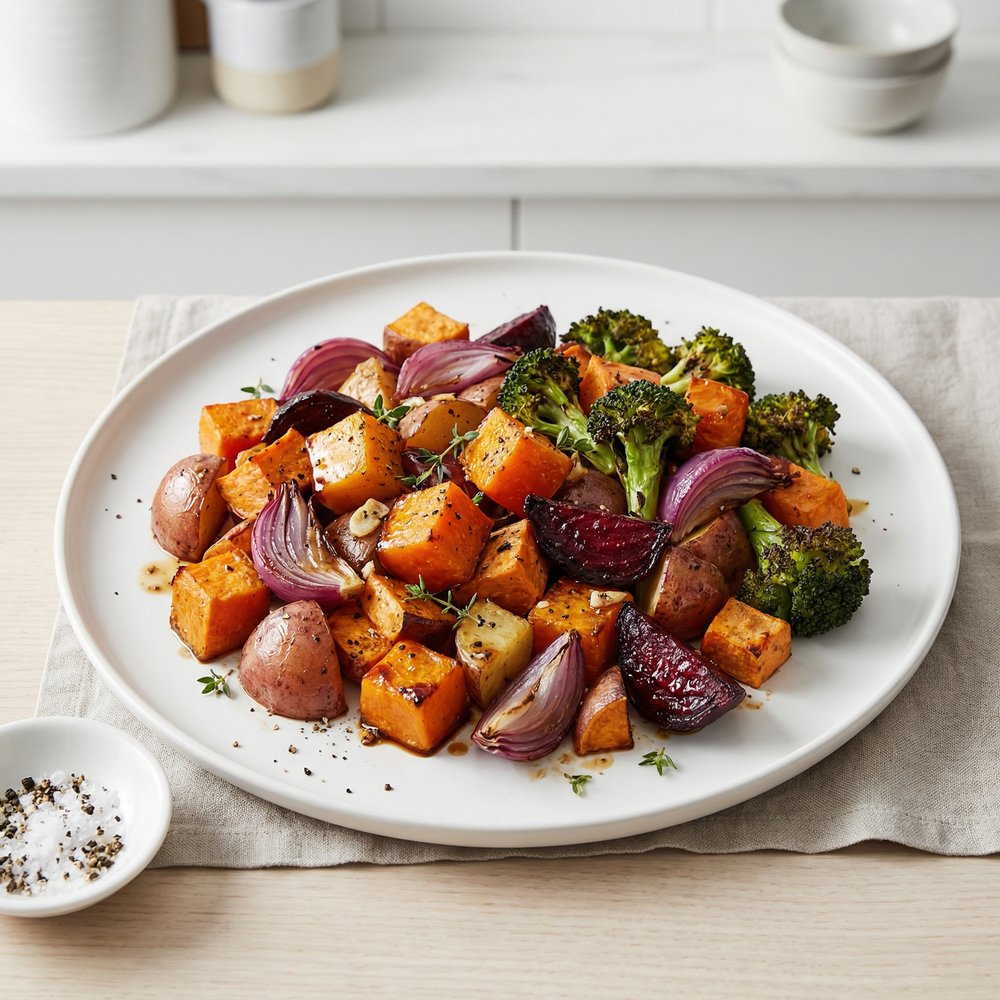 Balsamic-Honey Roasted Pumpkin with Root Veggies and Broccoli