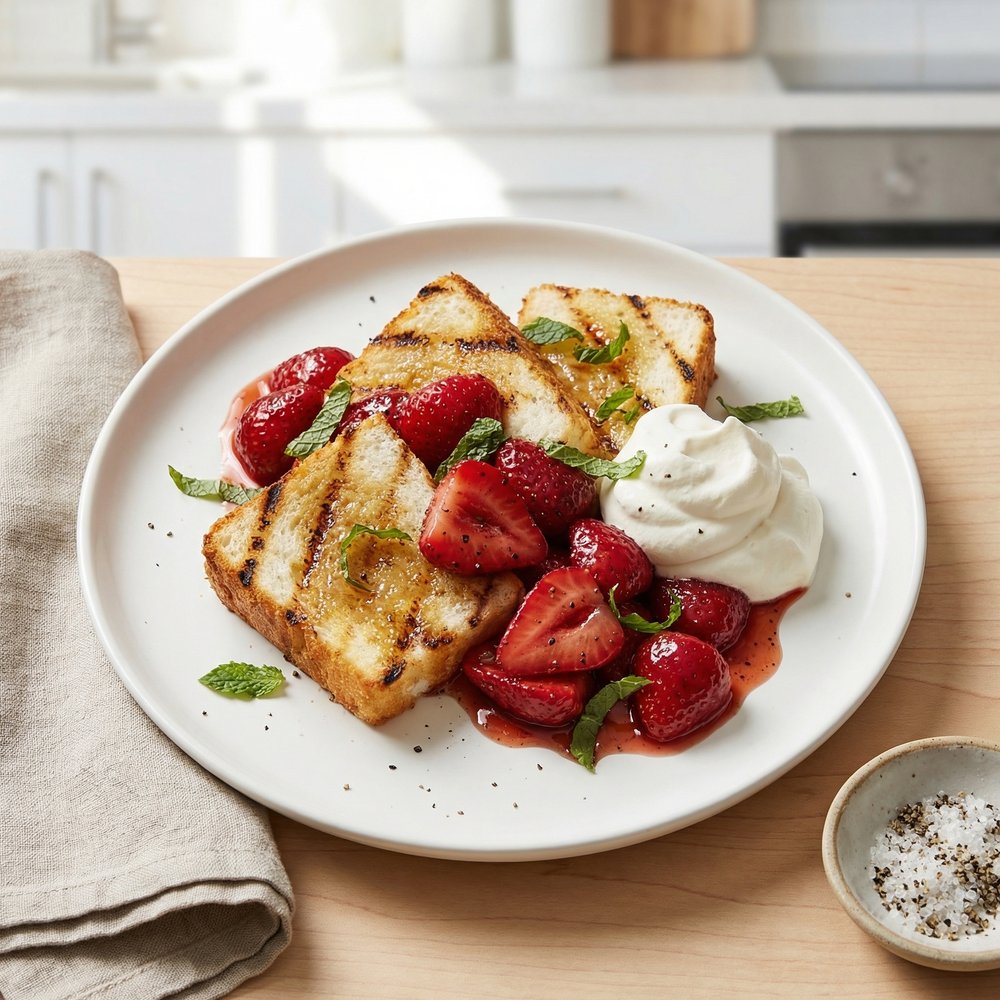 Balsamic Strawberry Shortcake on Grilled Angel Food Cake