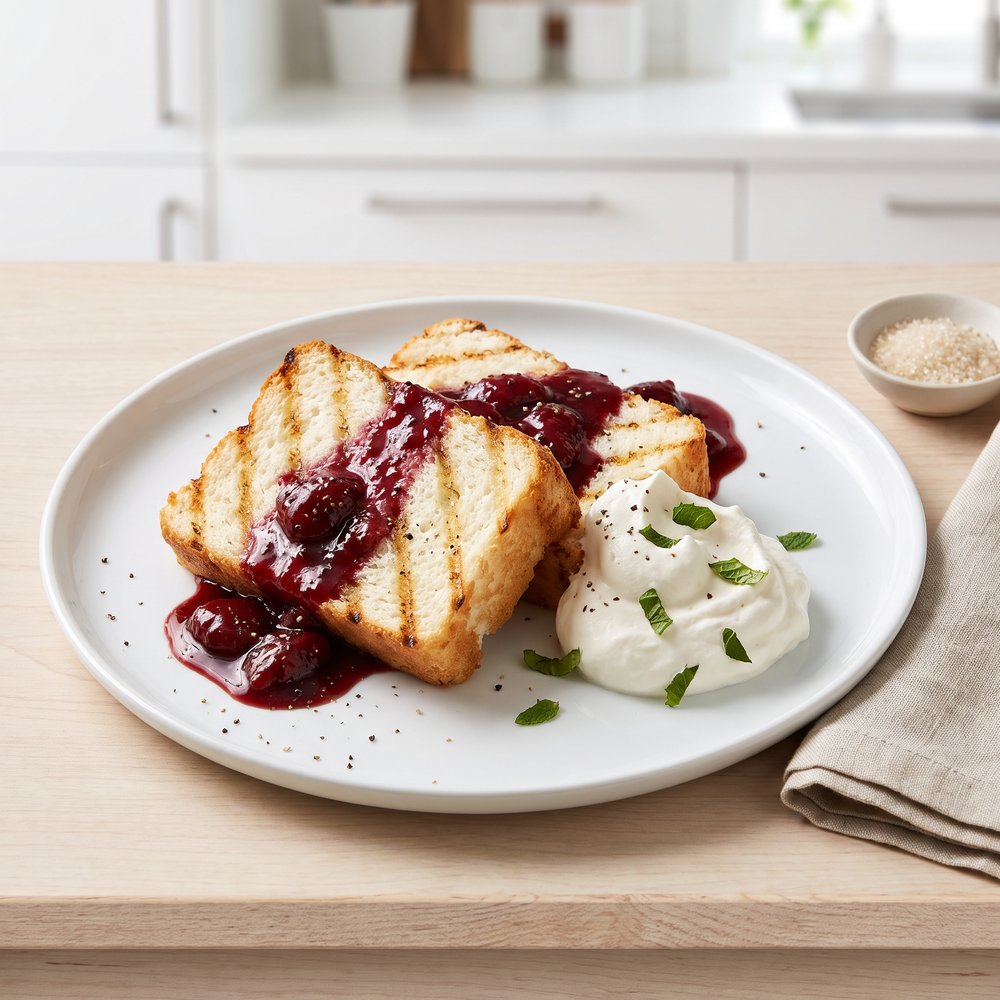 Balsamic Strawberry Shortcake on Grilled Angel Food Cake