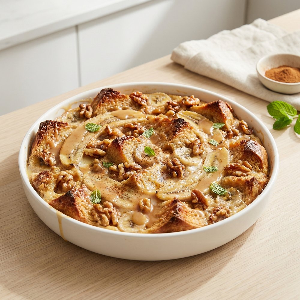 Banana–Walnut Bread Pudding with Coconut Cream