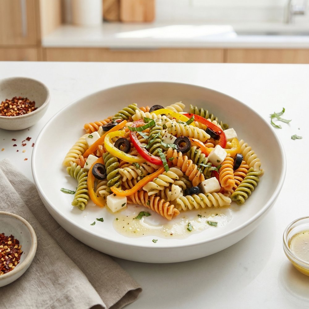 Tri-Color Pasta Salad with Three Bell Peppers