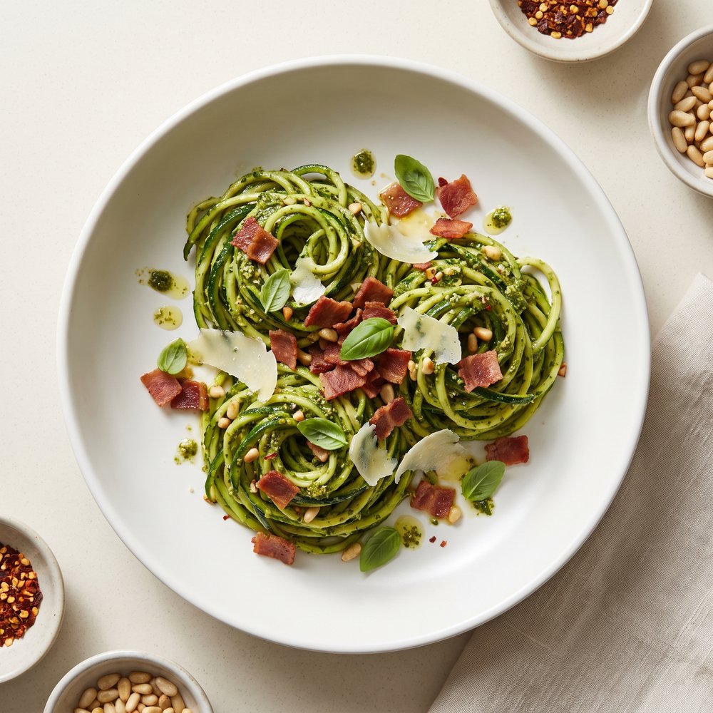 Basil Pesto Zucchini Noodles with Turkey Bacon