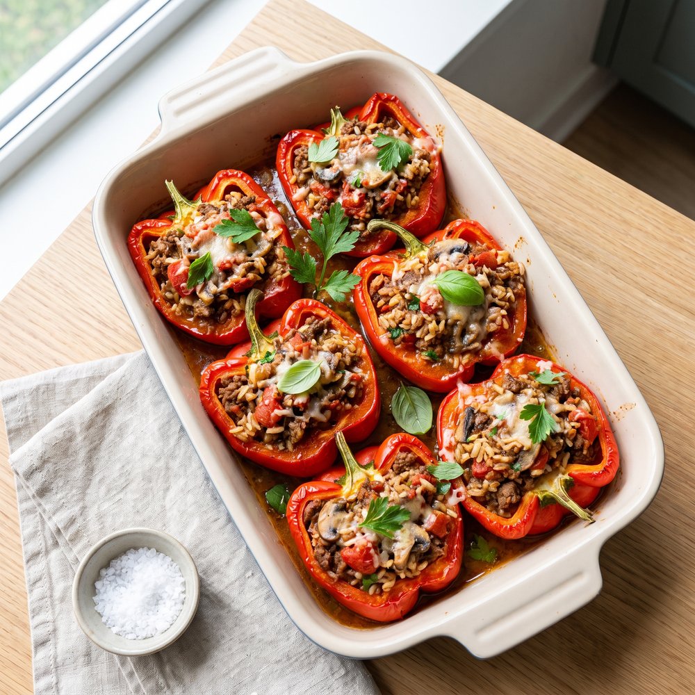Beef and Rice–Filled Red Bell Peppers