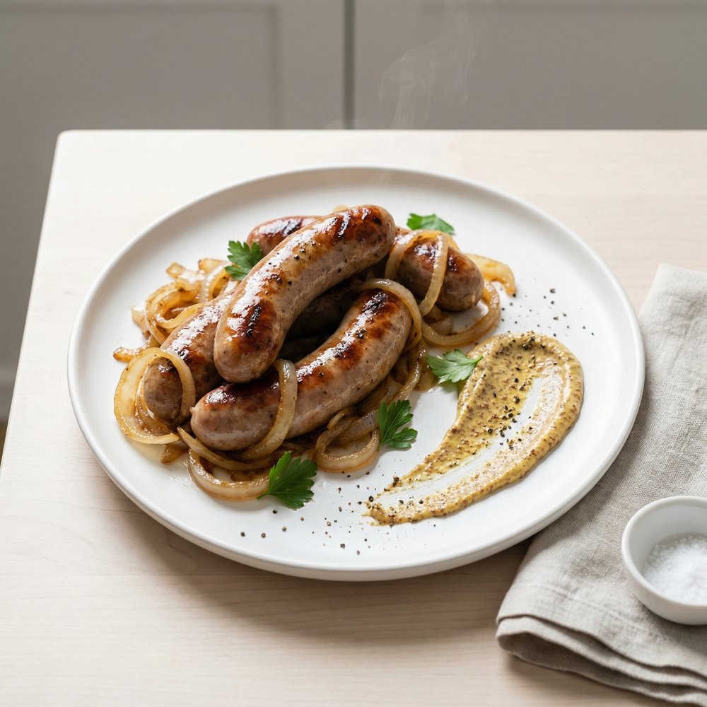 Beer-Simmered Bratwurst with Onions