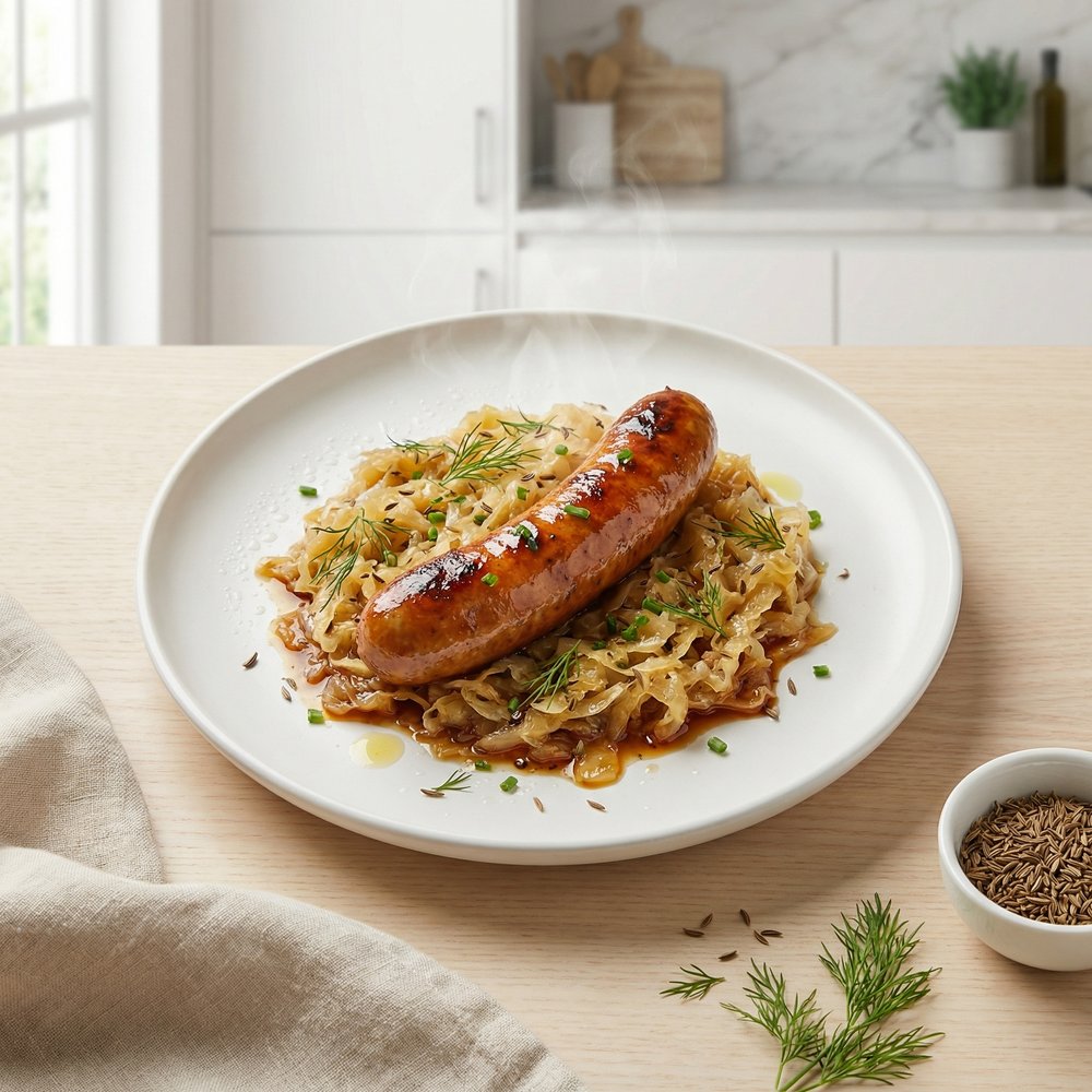Lager-Glazed Bratwursts with Sauerkraut