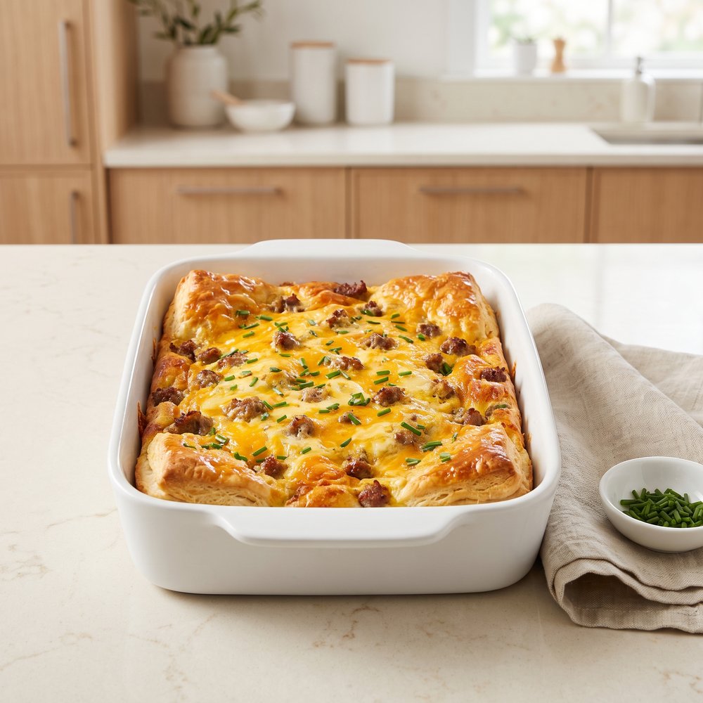 Biscuit Breakfast Casserole with Sausage, Eggs, and Cheese