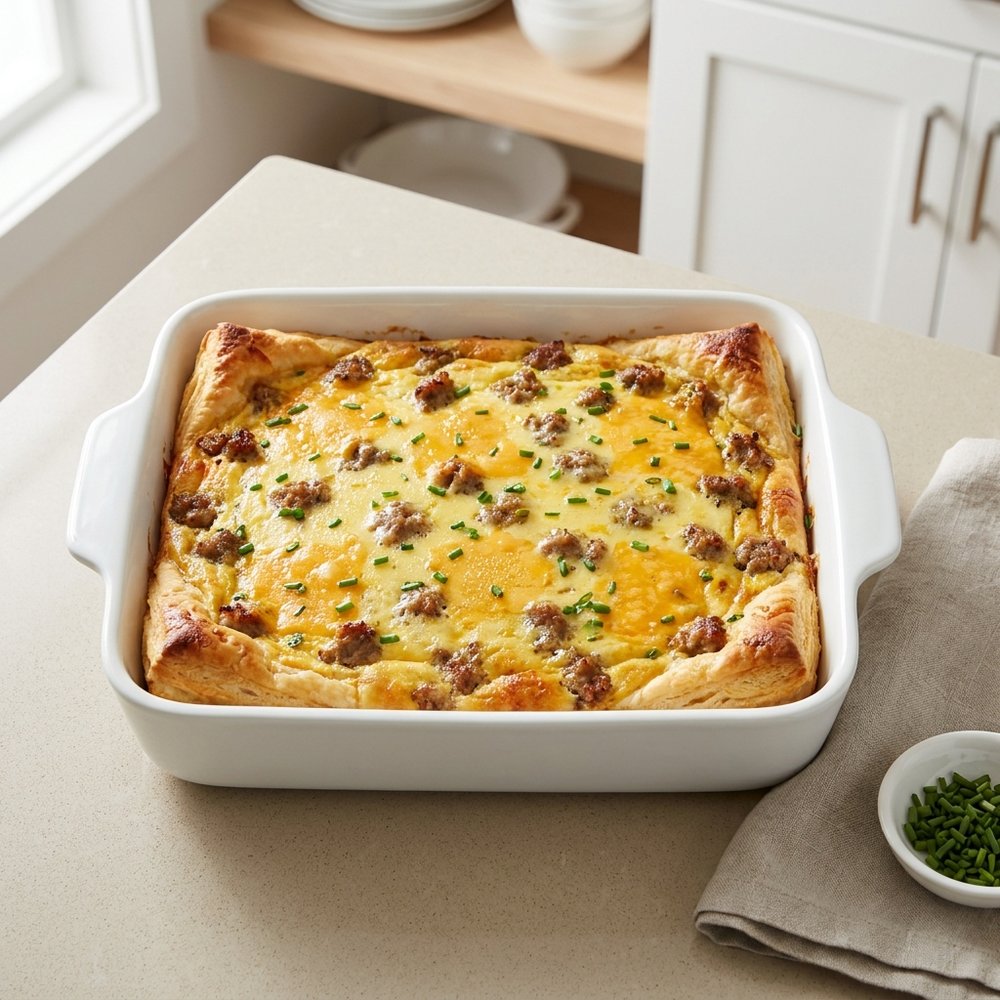 Biscuit Breakfast Casserole with Sausage, Eggs, and Cheese