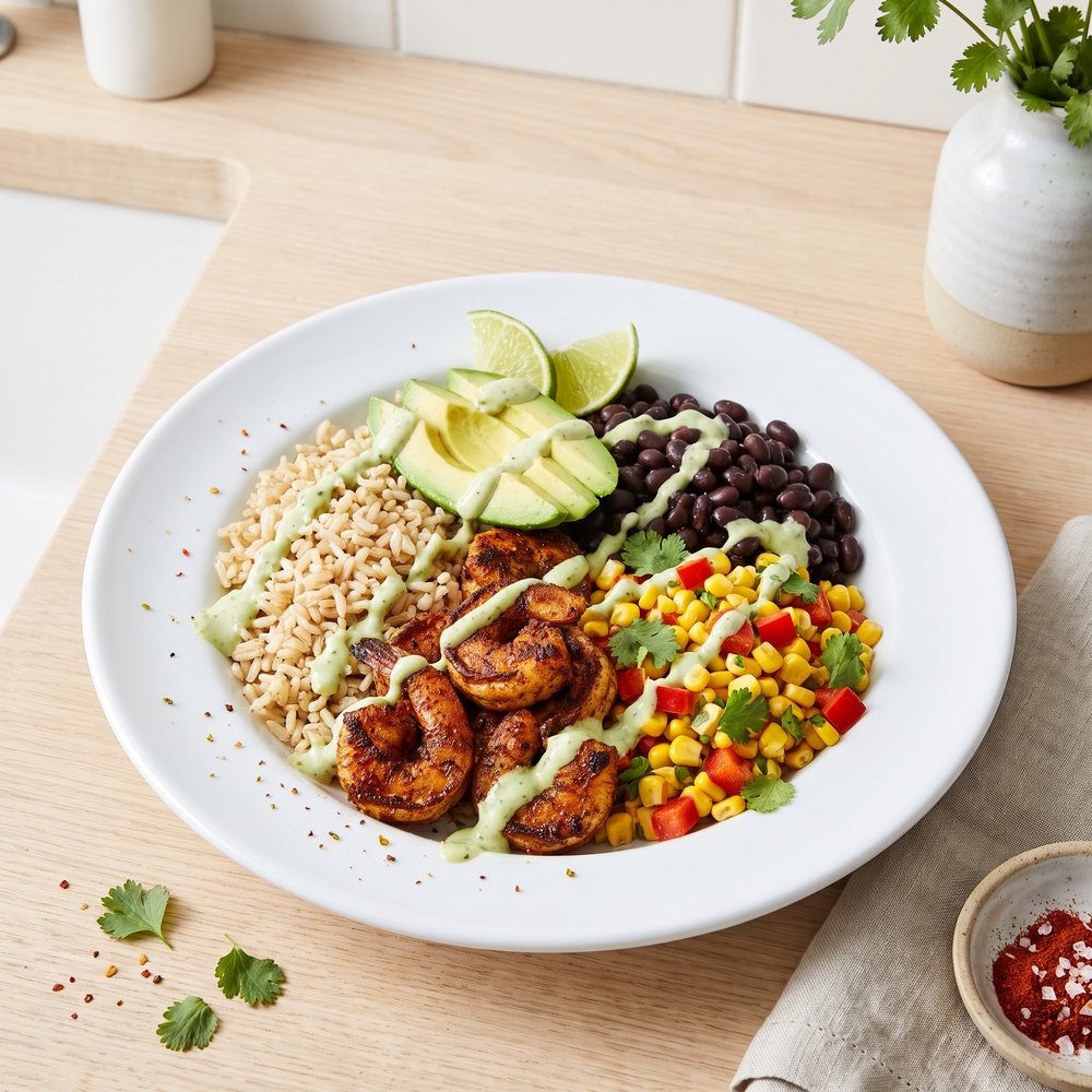 Blackened Shrimp Grain Bowl with Avocado and Black Beans