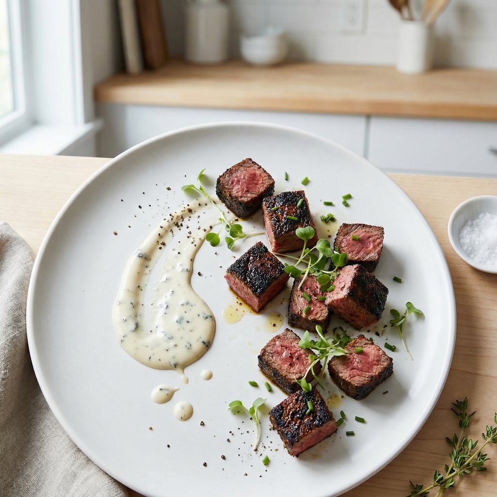 Blackened Steak Bites with Blue Cheese Sauce