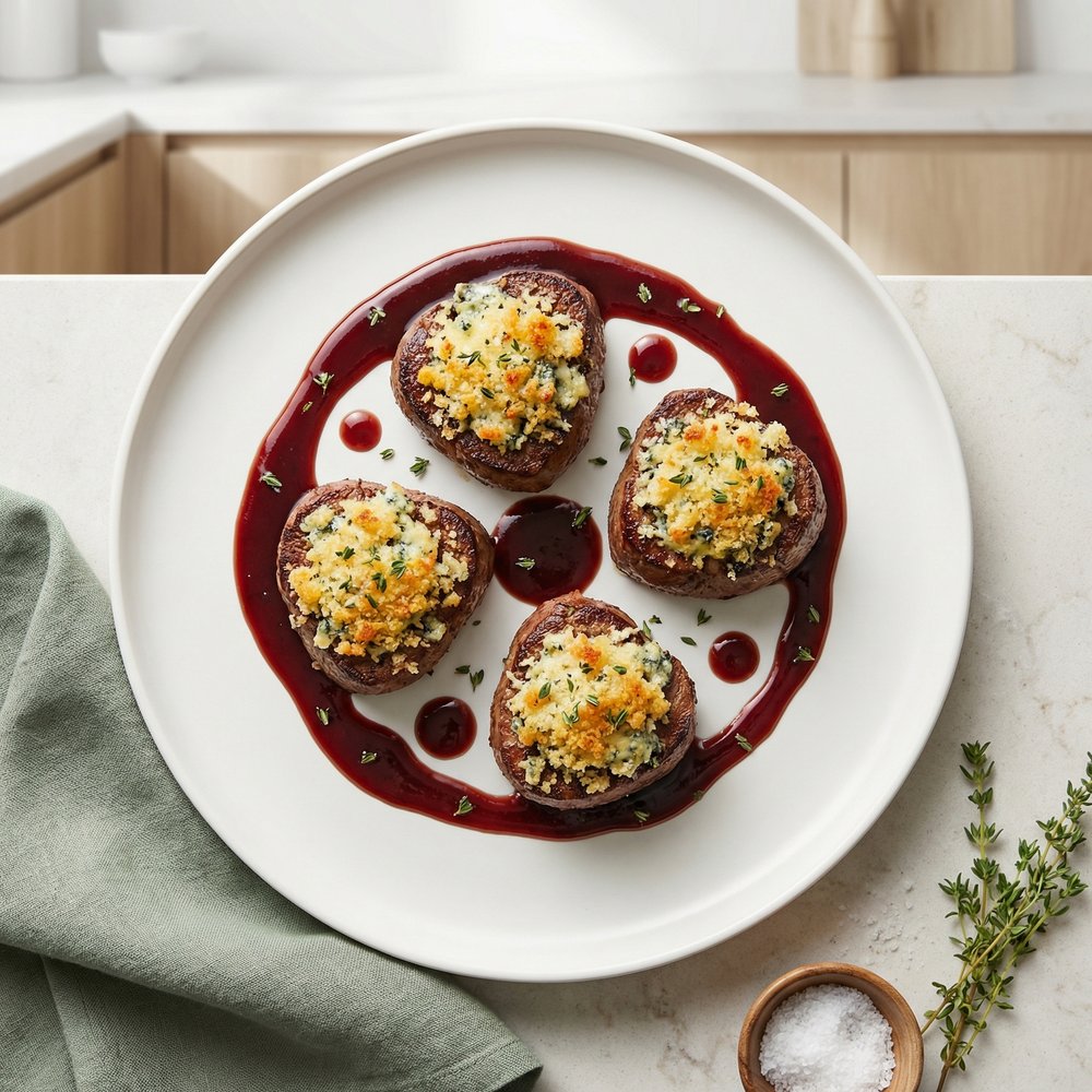 Filet Mignon with Blue Cheese Crust and Port Reduction