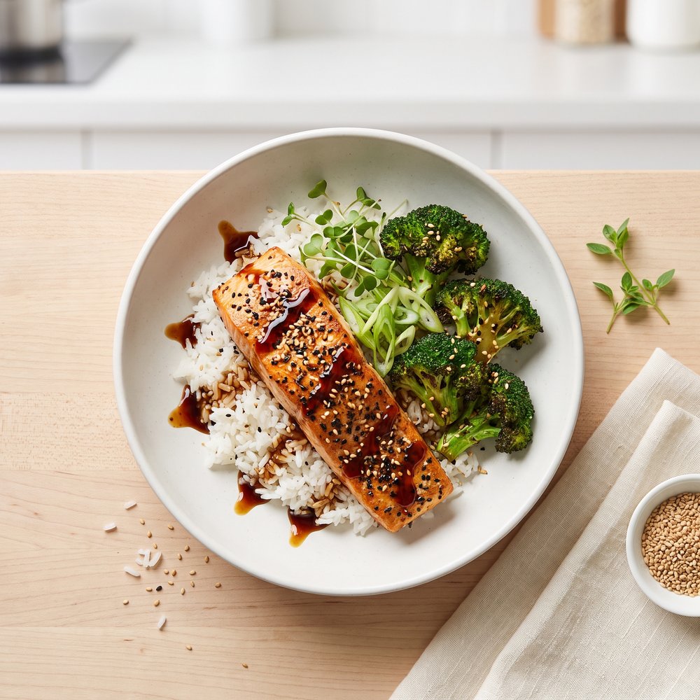 Bourbon-Teriyaki Salmon Bowl with Broccoli and Rice