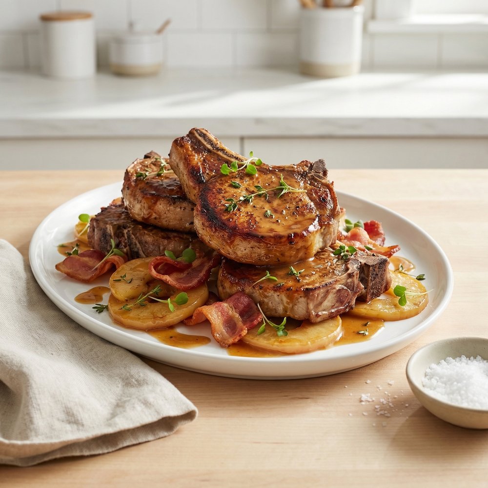 Apple-Bacon Pork Chops with Bourbon Cream