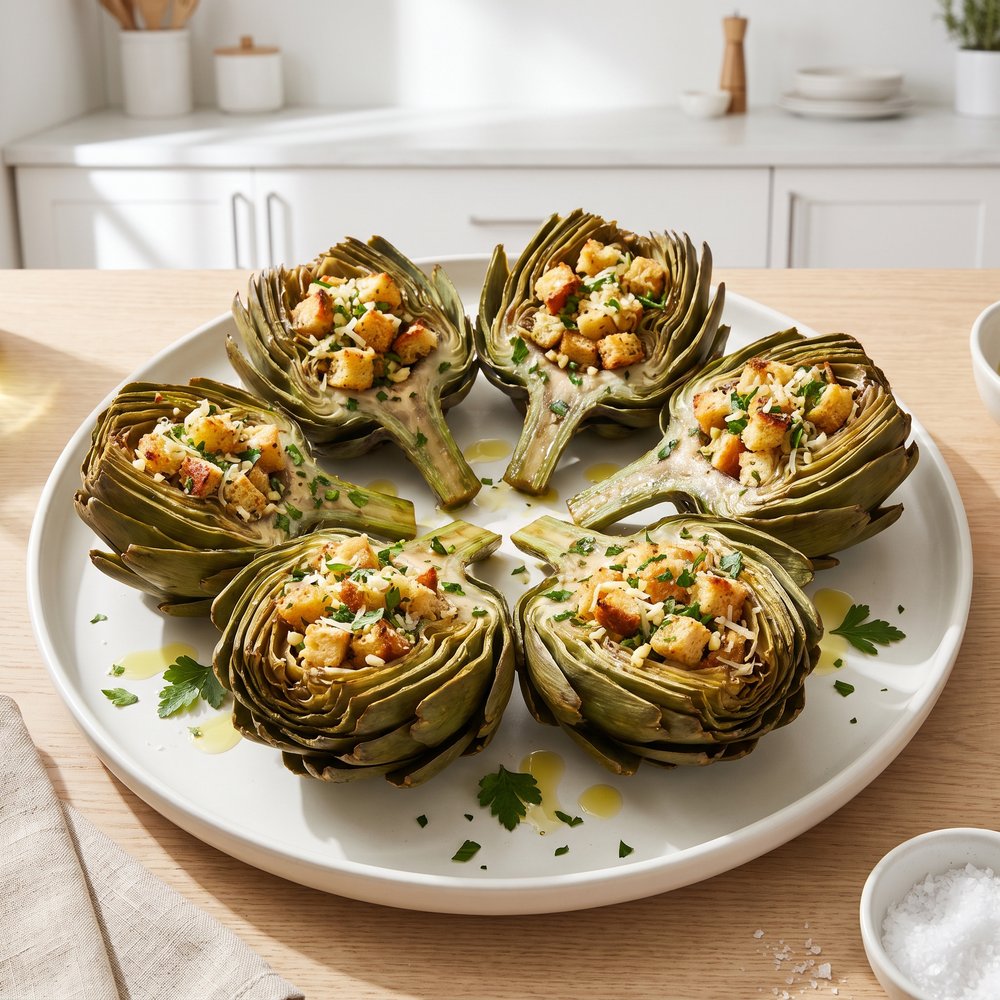 Bread-Stuffed Artichokes with Romano and Herbs