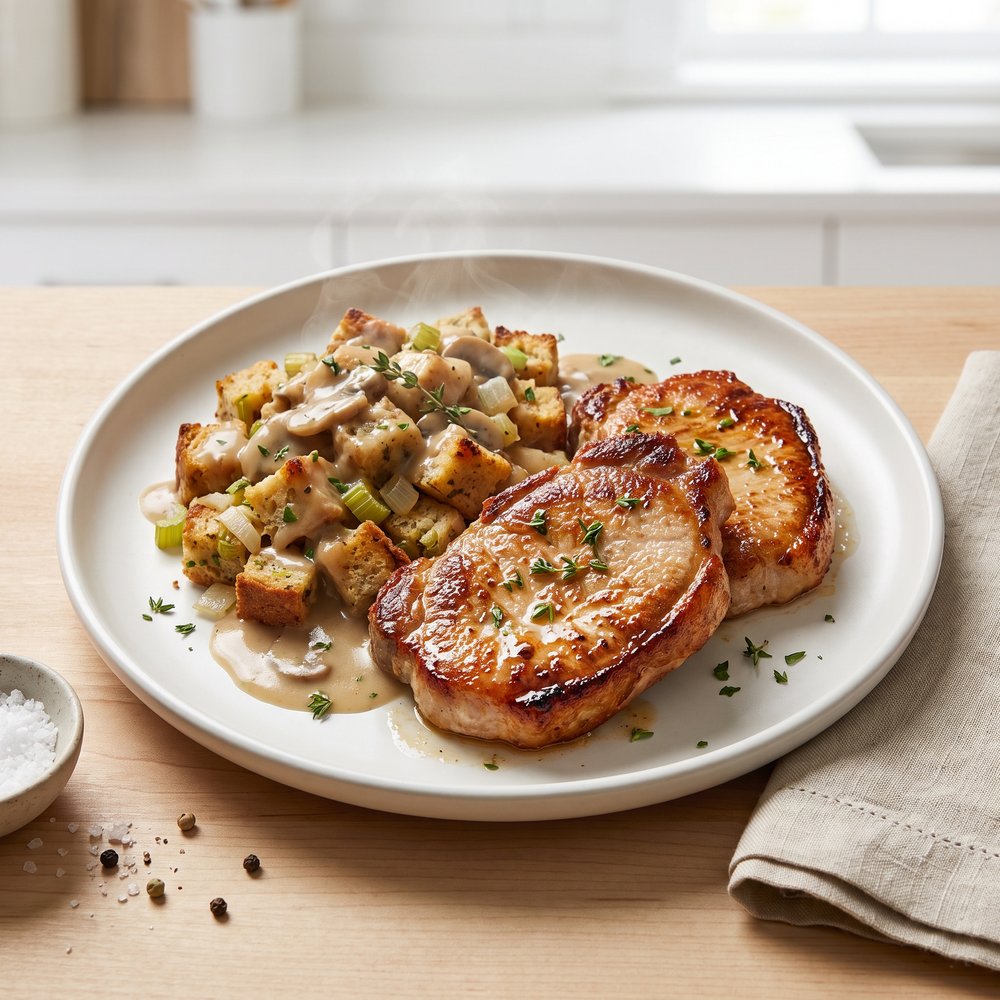 Bread-Stuffed Pork Chops with Creamy Mushroom Sauce