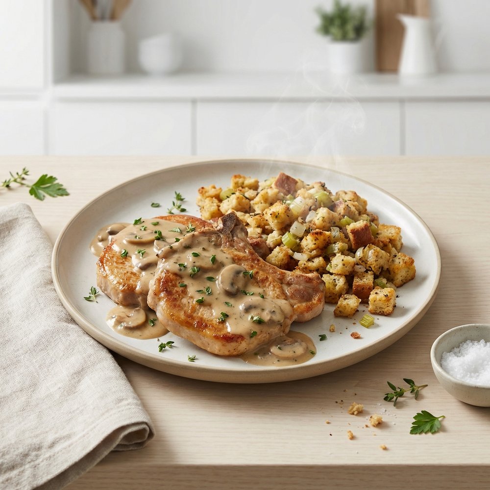 Bread-Stuffed Pork Chops with Creamy Mushroom Sauce