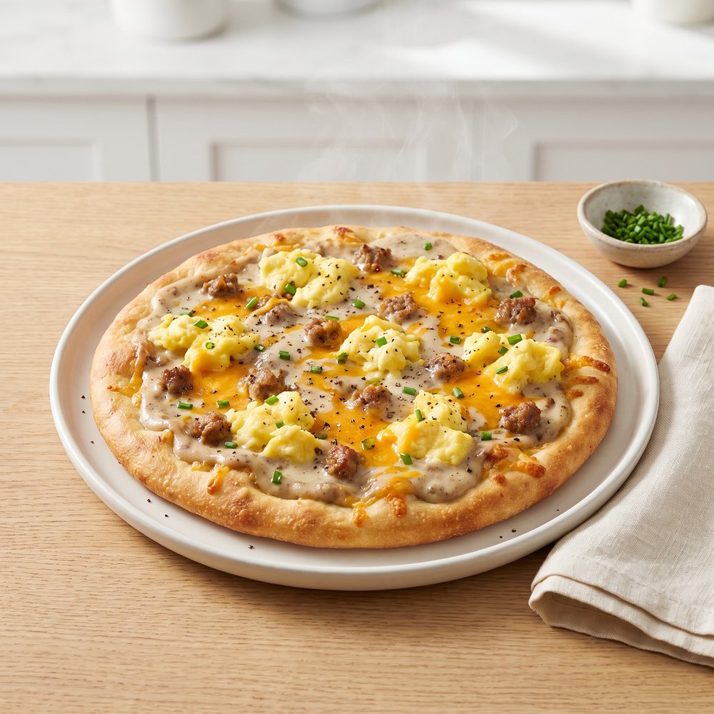 Breakfast Pizza with Sausage Gravy and Eggs
