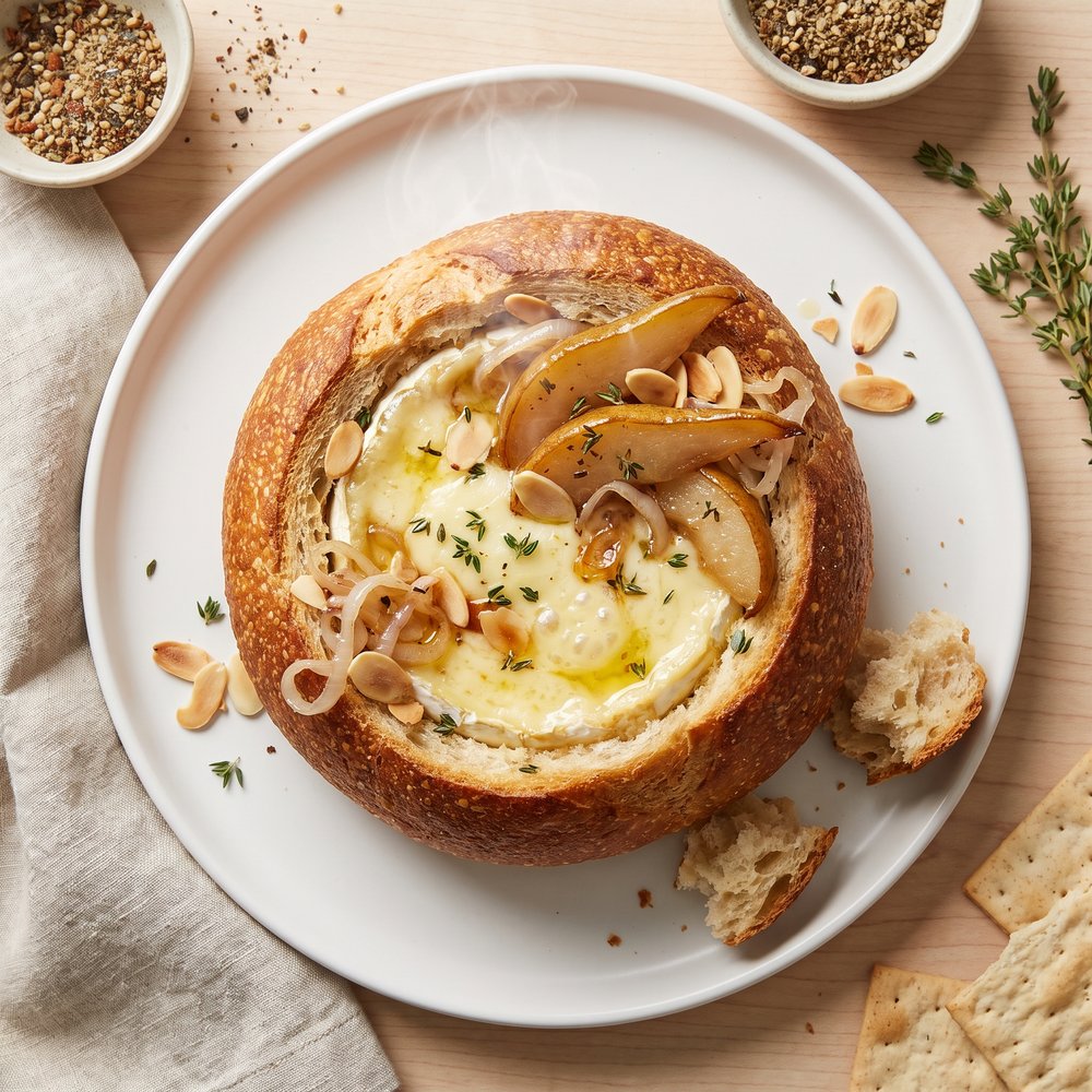 Brie Baked in Sourdough with Caramelized Pears, Shallots, and Thyme