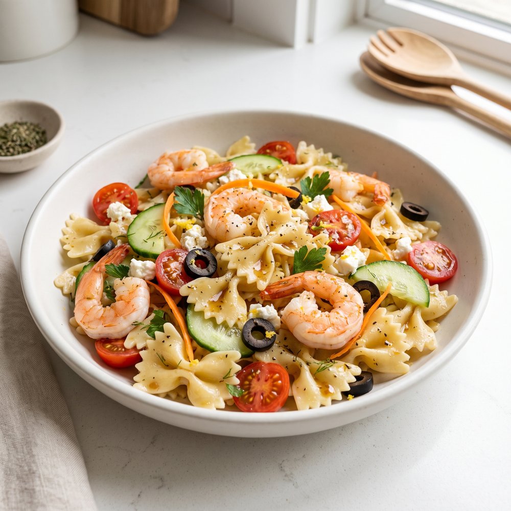 Bright Feta & Shrimp Bowtie Pasta Salad