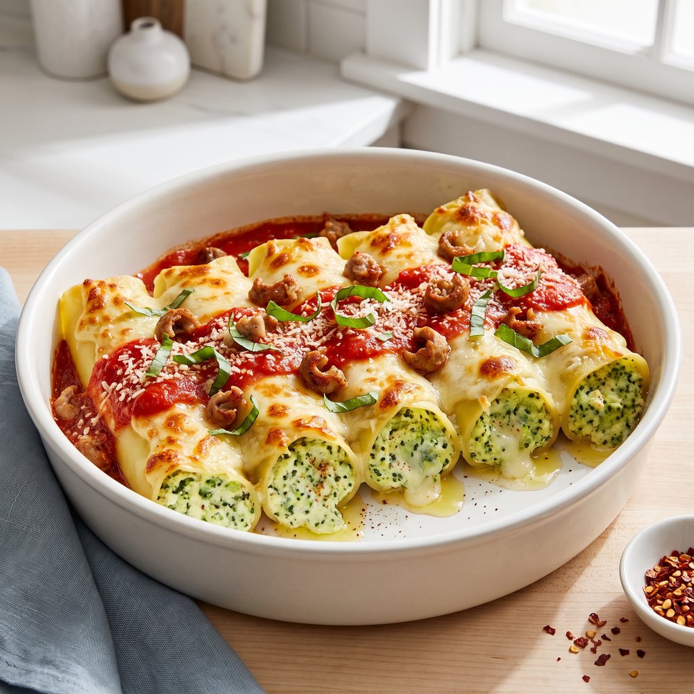 Broccoli Manicotti with Three Cheeses