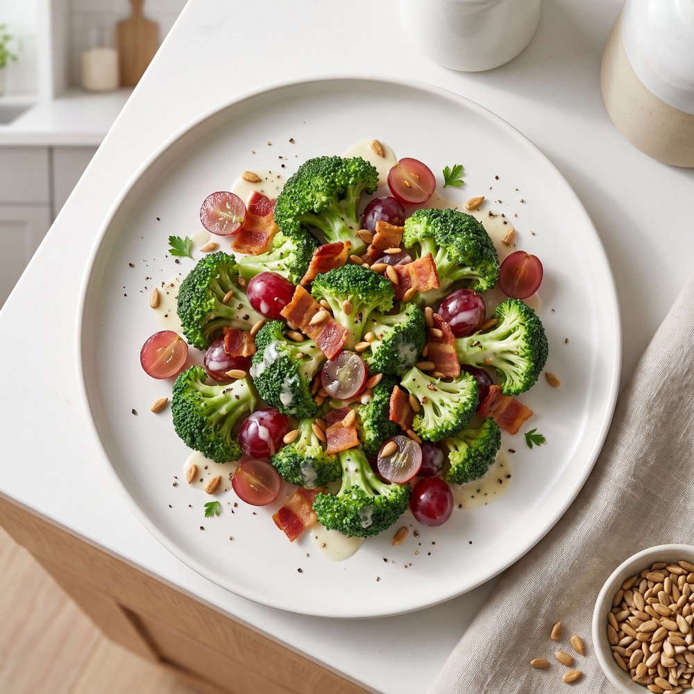 Broccoli Salad with Red Grapes, Bacon, and Sunflower Seeds