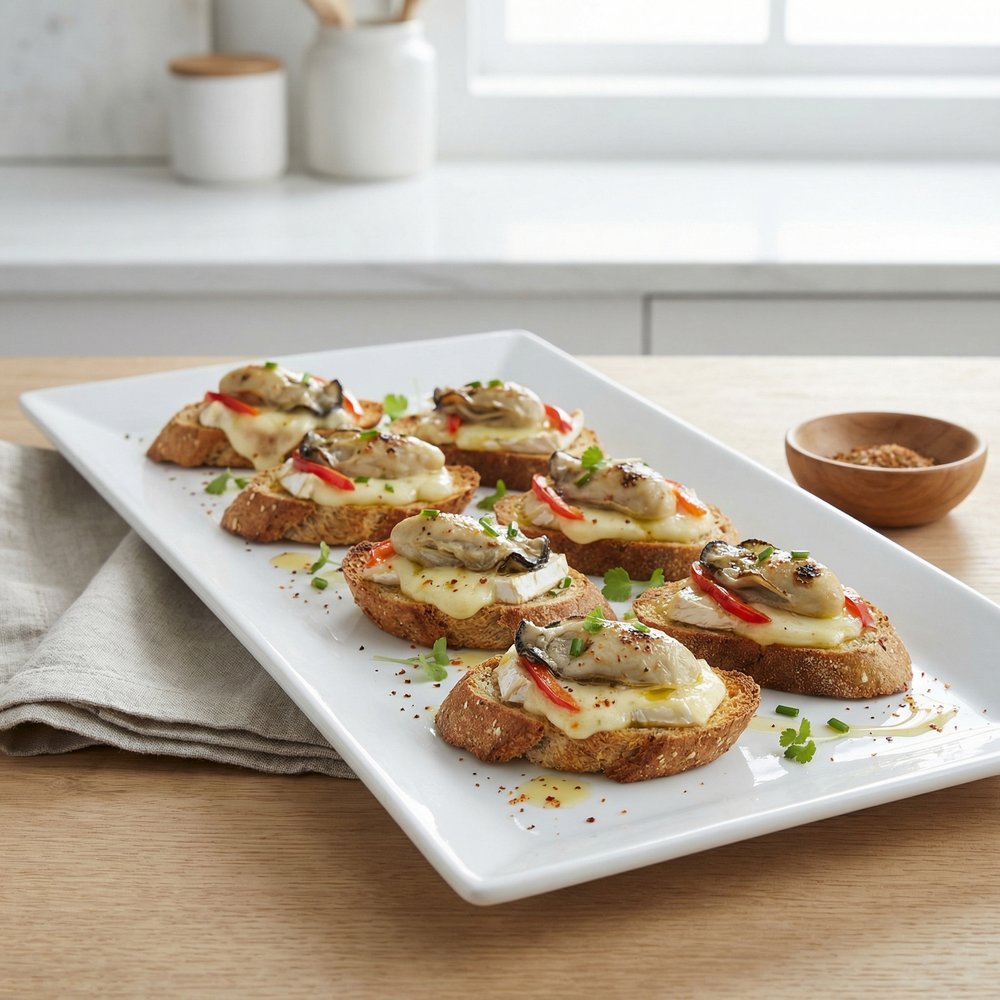 Broiled Oyster and Brie Crostini with Red Pepper