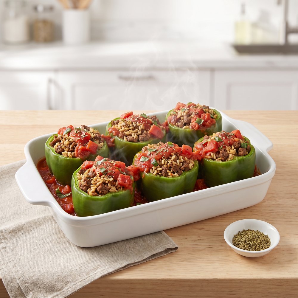 Brown Rice and Bison Stuffed Bell Peppers