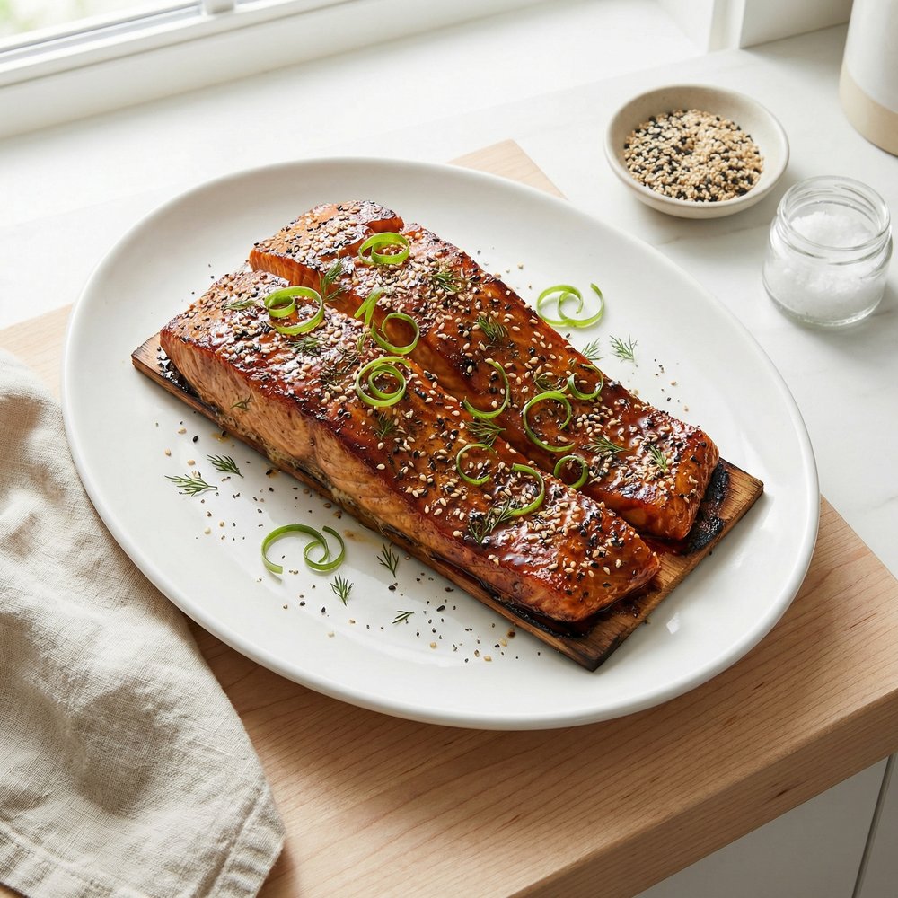Cedar-Planked Salmon with Brown Sugar–Sesame Glaze