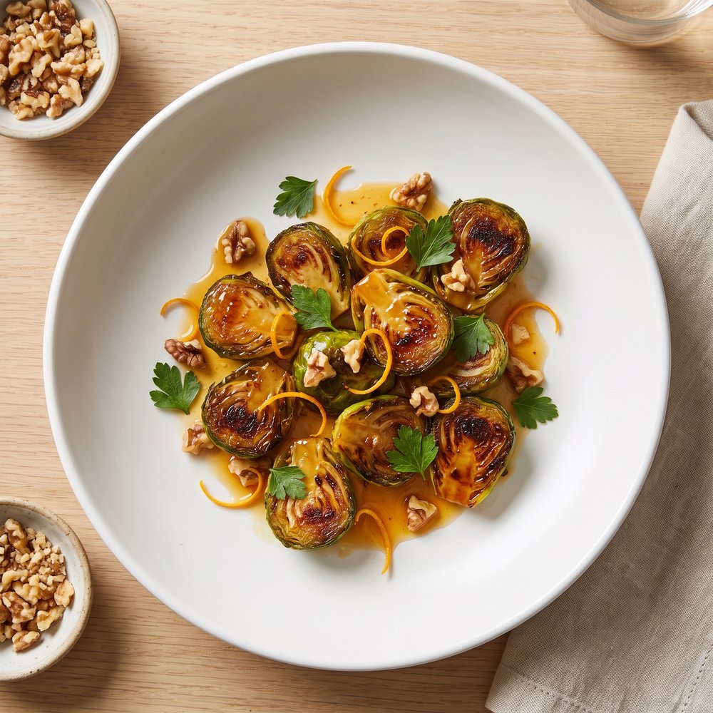 Browned Brussels Sprouts with Orange and Walnuts