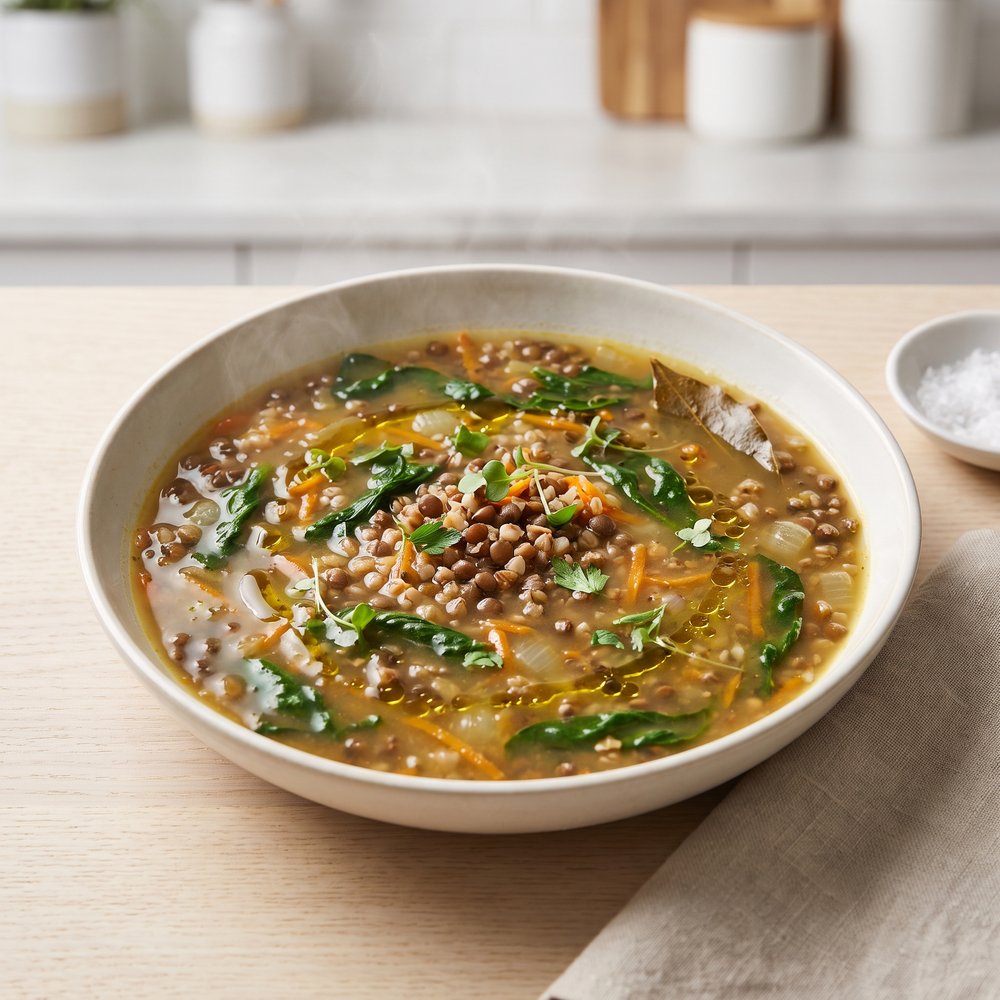 Buckwheat and Lentil Spinach Soup